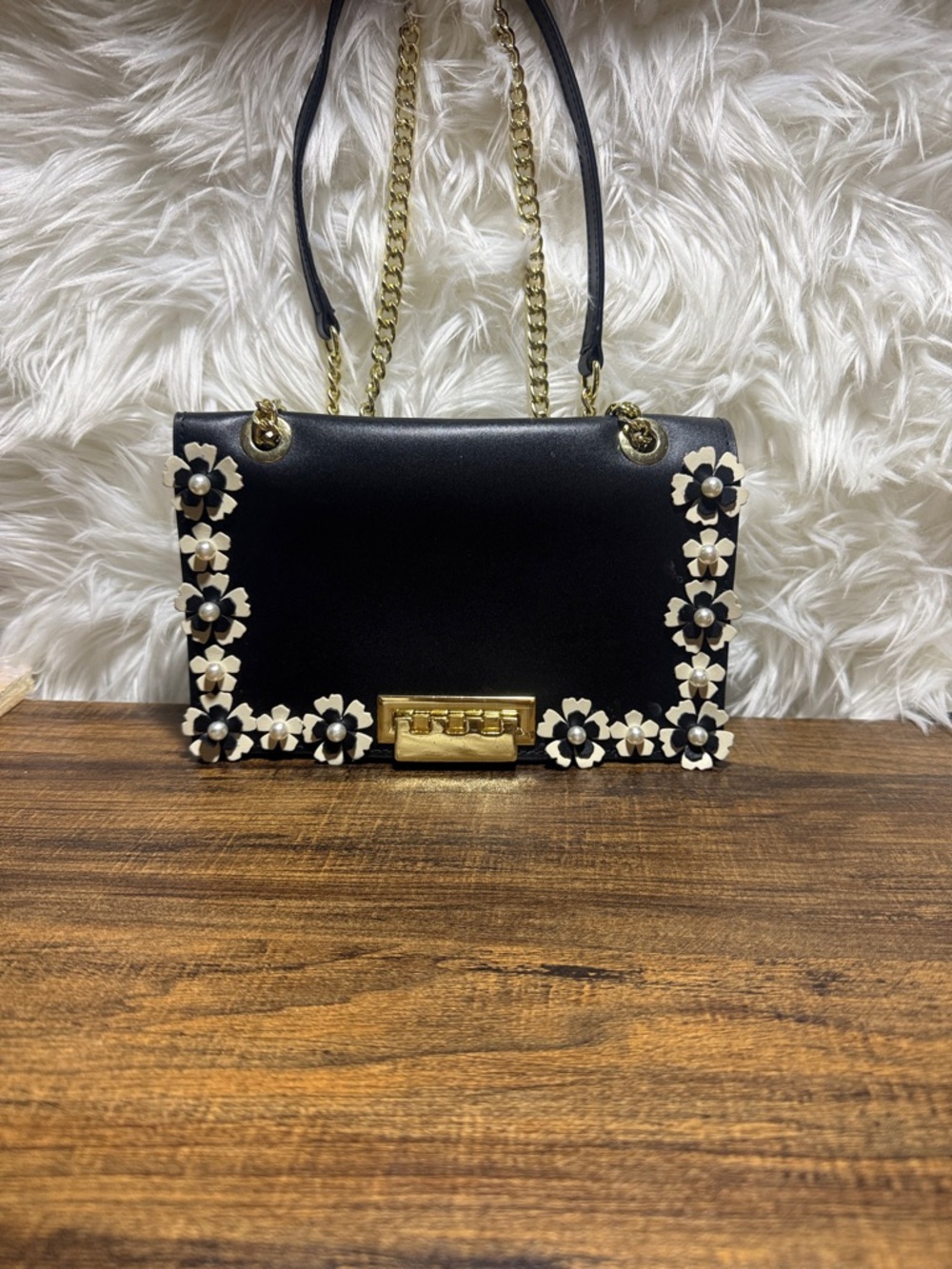 ZAC Zac Posen Black Shoulder Bag with Cream Floral Appliqué and Gold Chain